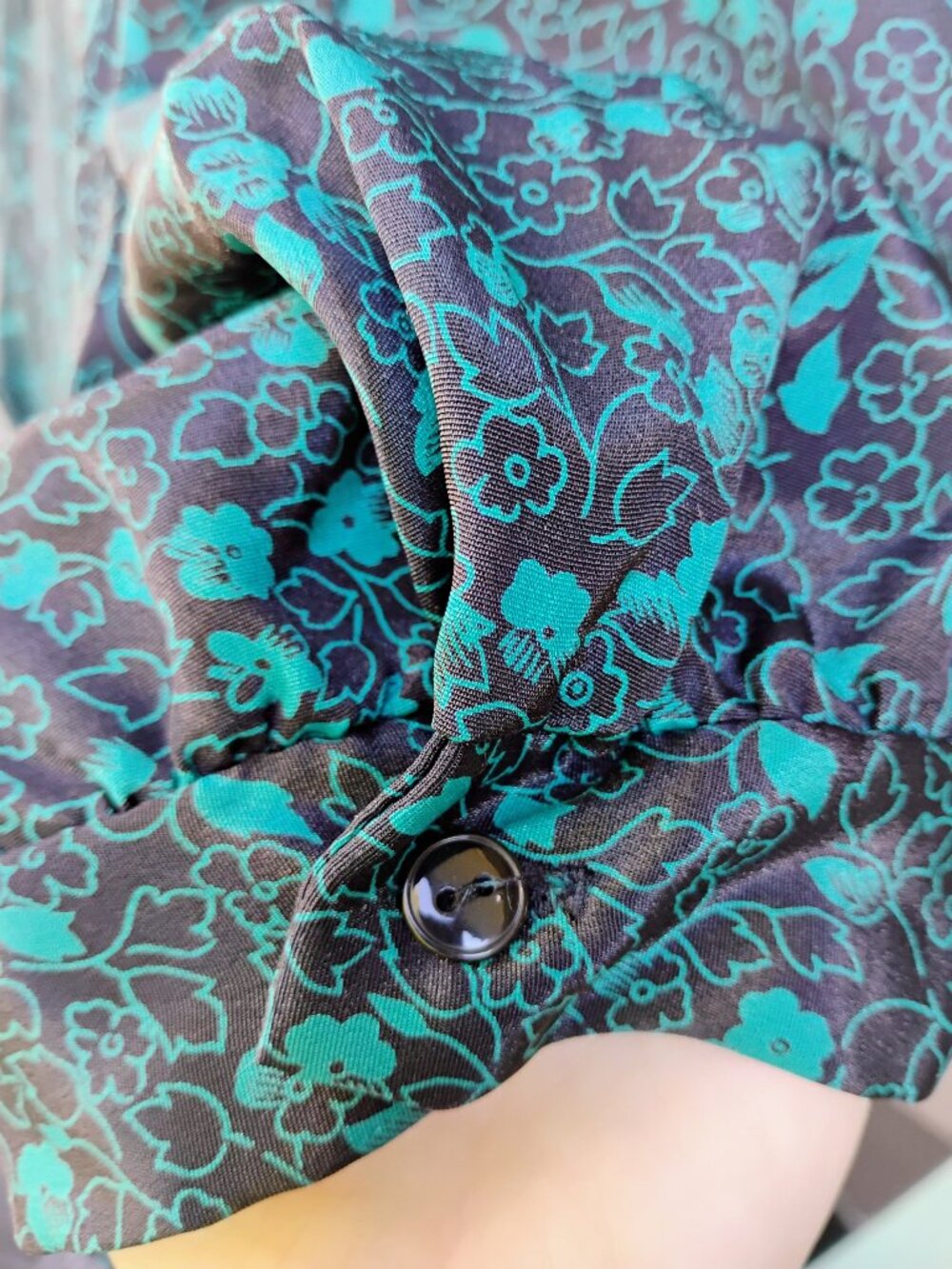 Vintage 1980s Green & Black Puff Sleeve Floral Pleated Dress Cottagecore Plus 18 - Picture 3 of 12